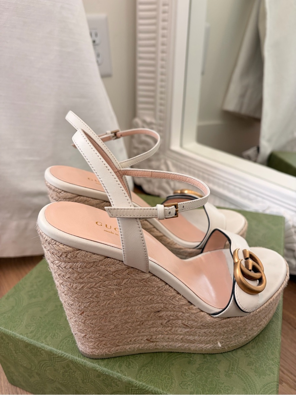 Gucci Lifford Mystic White Leather Espadrille Platform Sandals 37+